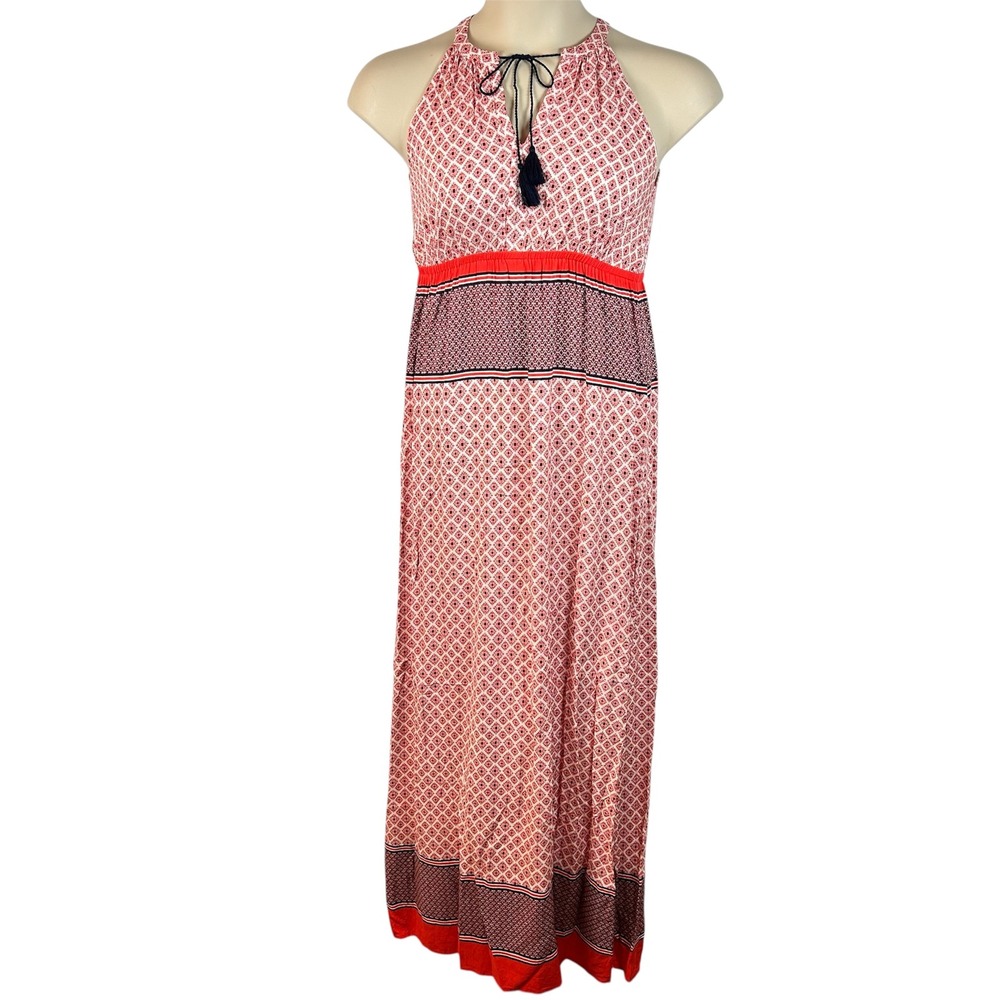 Fleur Bleue Maxi Dress Size 2 Red White Sleeveless Tassel Boho